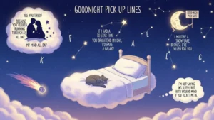 Read more about the article 90+ Goodnight Pick Up Lines to Make Them Smile Before Sleep for 2026 😴<p class="post-updated-date">🕓 <span class="updated-label">Last updated on</span> <time datetime="2026-04-15T07:09:17+00:00">April 15, 2026</time></p><script type="application/ld+json">
        {
          "@context": "https://schema.org",
          "@type": "BlogPosting",
          "mainEntityOfPage": {
            "@type": "WebPage",
            "@id": "https://pickupsy.com/goodnight-pick-up-lines/"
          },
          "datePublished": "2026-04-15T07:09:16+00:00",
          "dateModified": "2026-04-15T07:09:17+00:00"
        }
        </script>